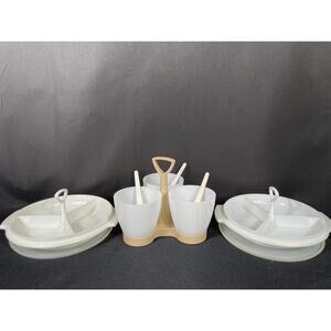 Vintage Tupperware Triple Condiment 2 White Suzette Divided Relish Serving Tray